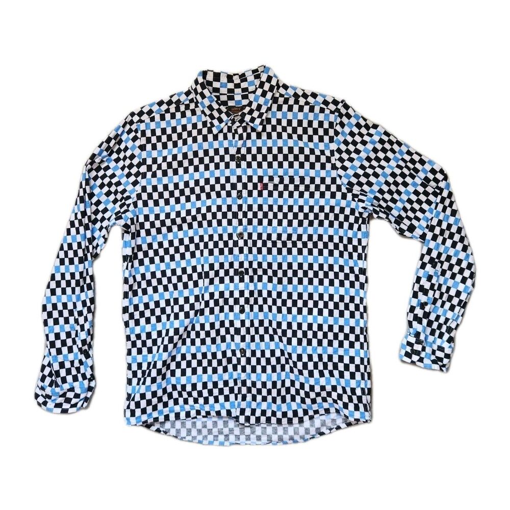 Levi’s Skateboarding Checkered Button Up Shirt Black Blue White LS Mens M Cotton